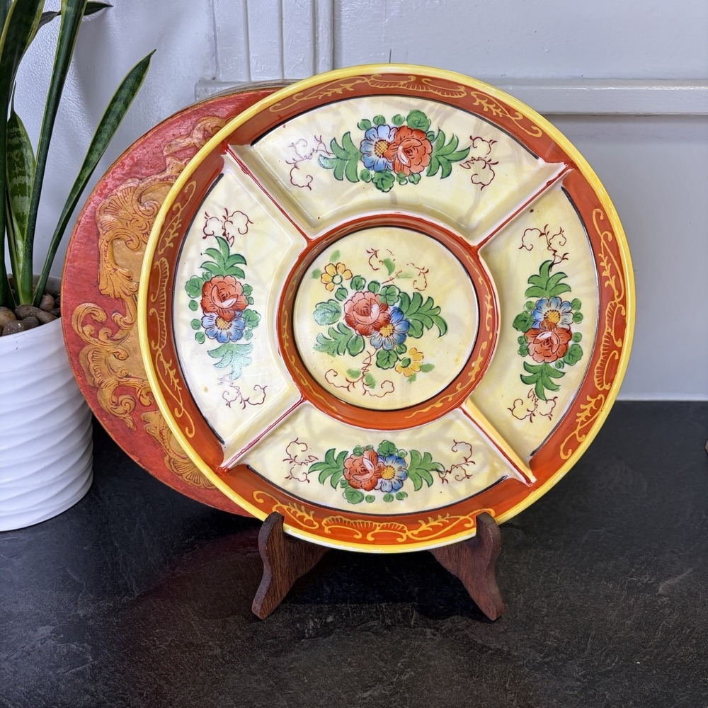 Vintage Floral Divided Relish Serving Dish Plate 10" Made‎ in Japan 1922-1948